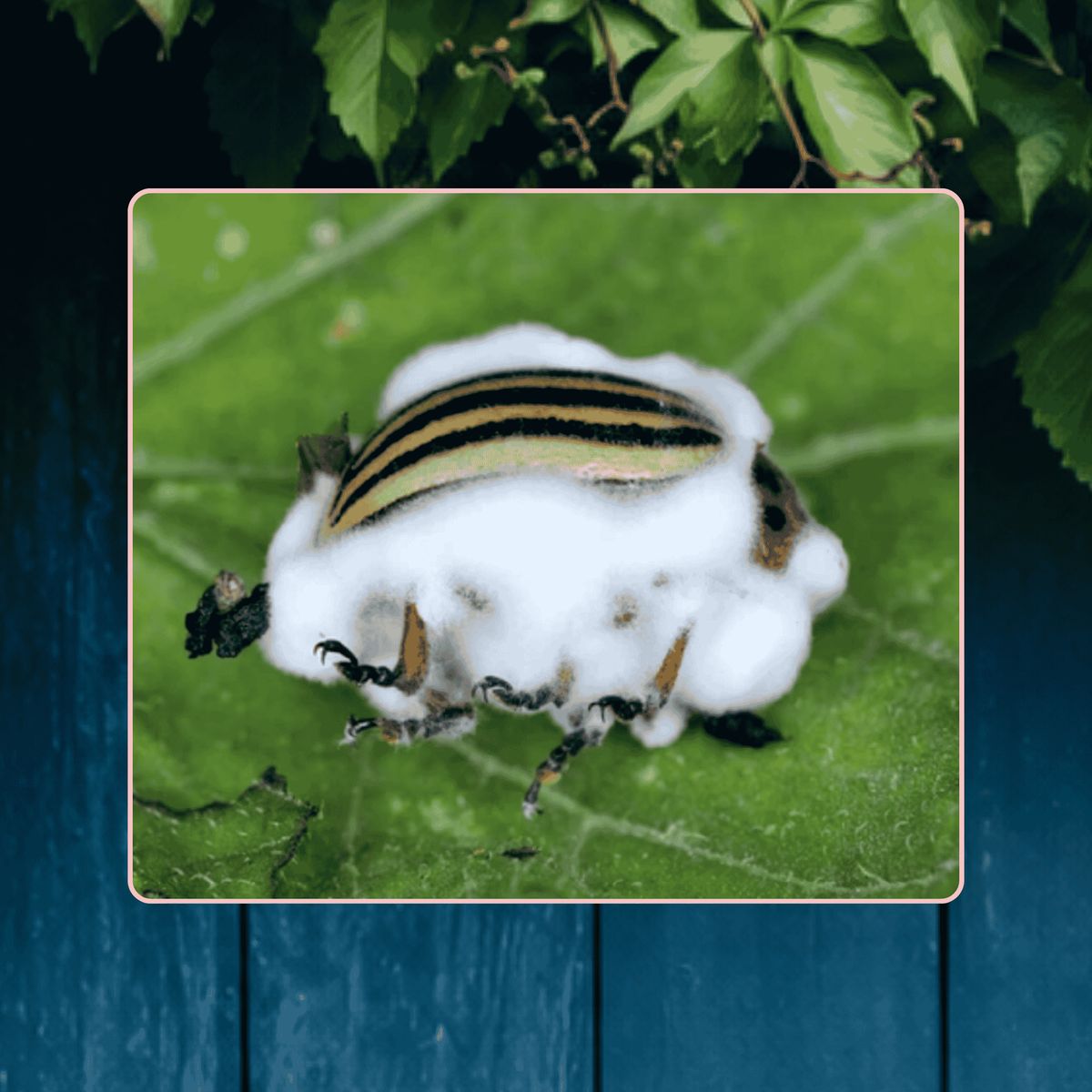 Un coléoptère rayé recouvert de filaments blancs de champignon, posé sur une feuille.